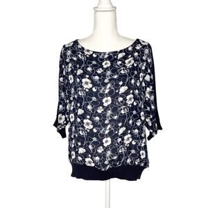 Brooks Brothers Navy White Floral 3/4 Dolman Sleeve Mixed Media Blouse Top Large
